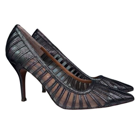 Kay Unger Preena Pumps Women's Size 10M Pewter Leather Pointed Toe Mesh Slip-on - Picture 1 of 13